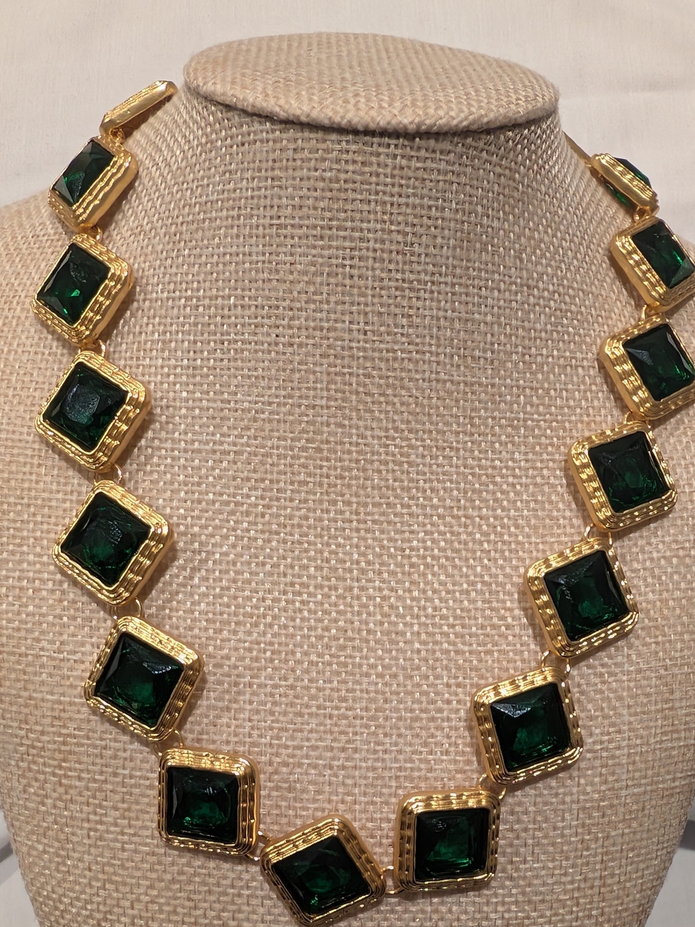 Catwalk Jon Gold-Tone Necklace with Emerald Green Square Stones